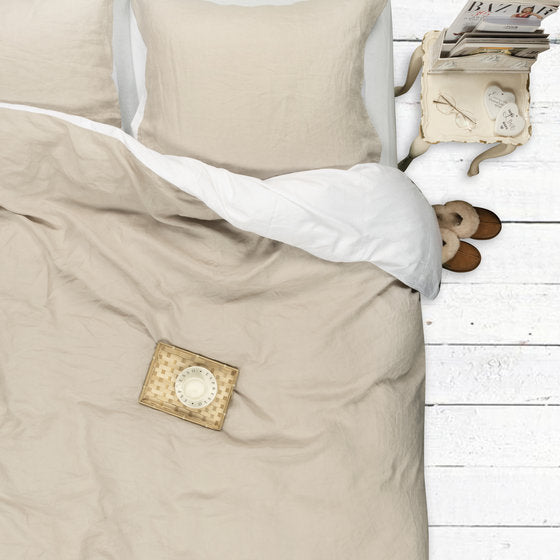 Belle Duvet Cover - sand linen top, white satin cotton bottom layer