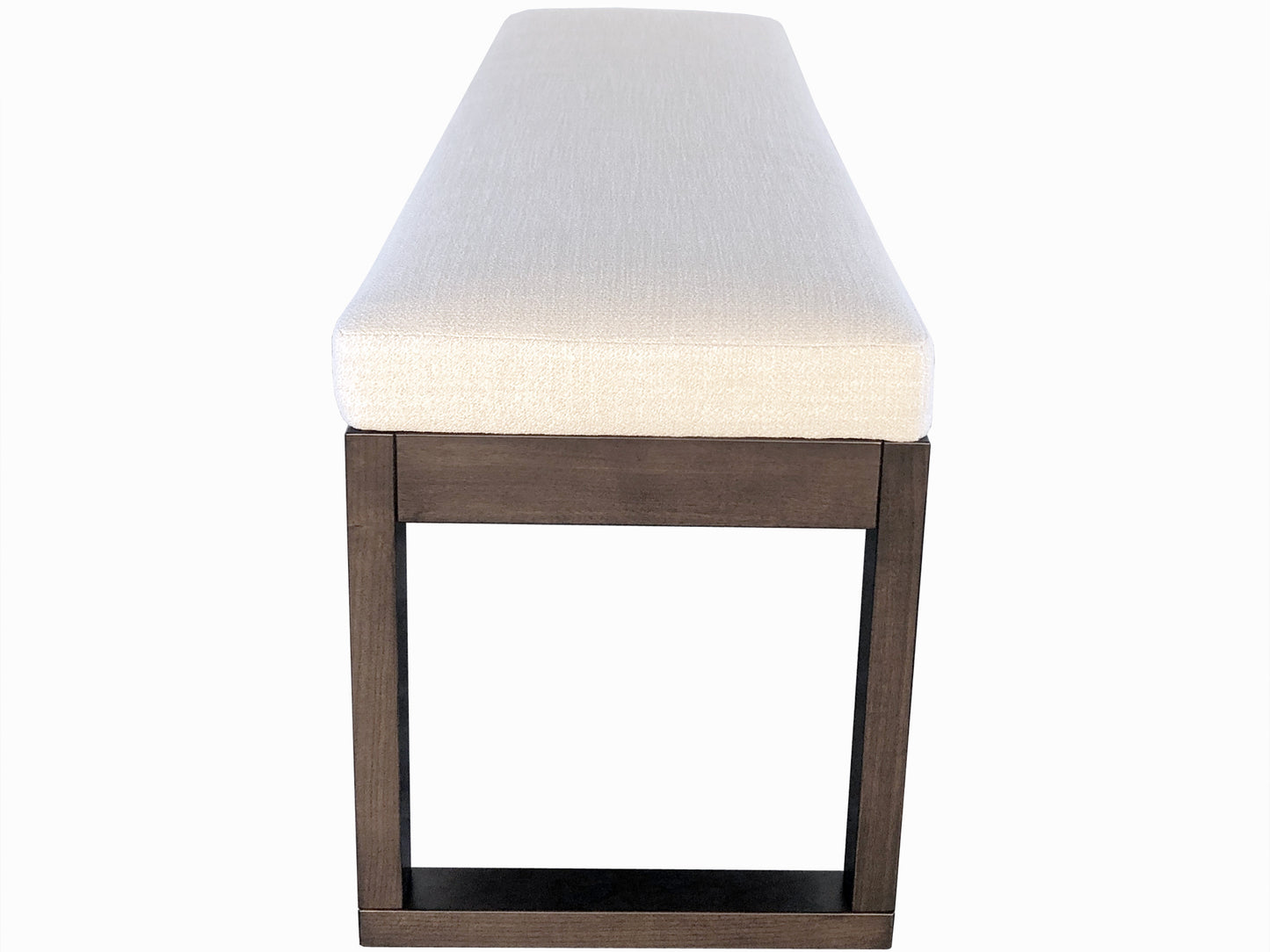 Tangent solid wood bench with upholstered seat - side view