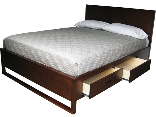Our Tangent Storage Bed, part of one of our solid wood in-house design lines, is built to order and easily customized. Made in BC.