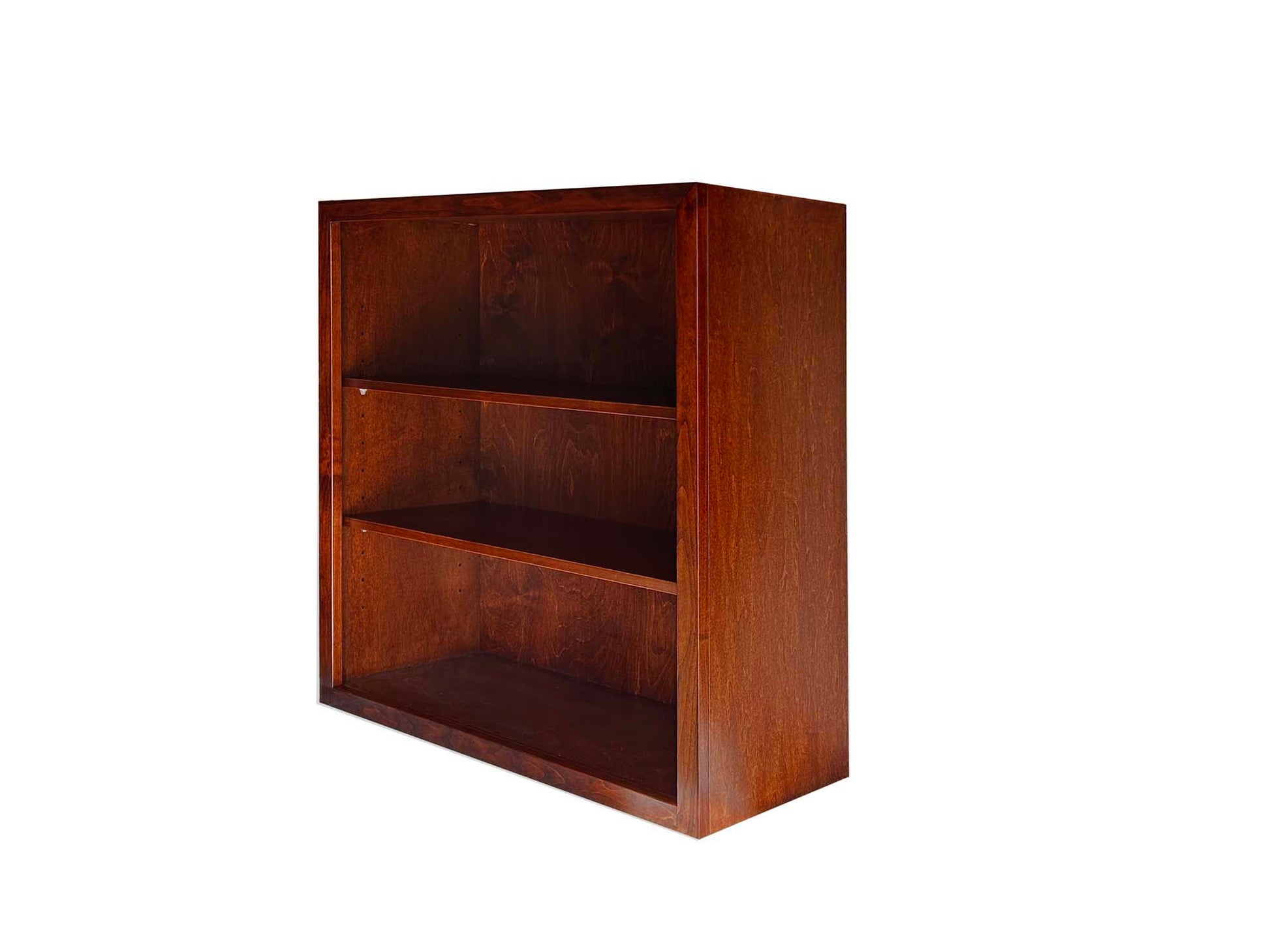 33"w x36"h, custom Coleman bookcase in Mission stain, angle view