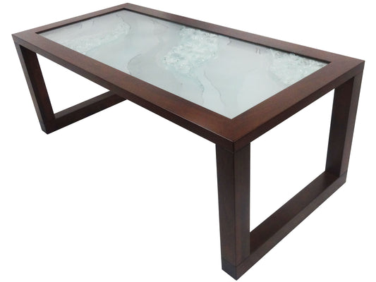 Chelsea Coffee Table, this BC built solid maple frame has a striking art glass insert from G3 designs