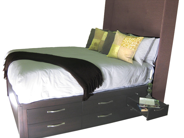 Storage bed with built-in nightstands and upholstered headboard | Custom Example