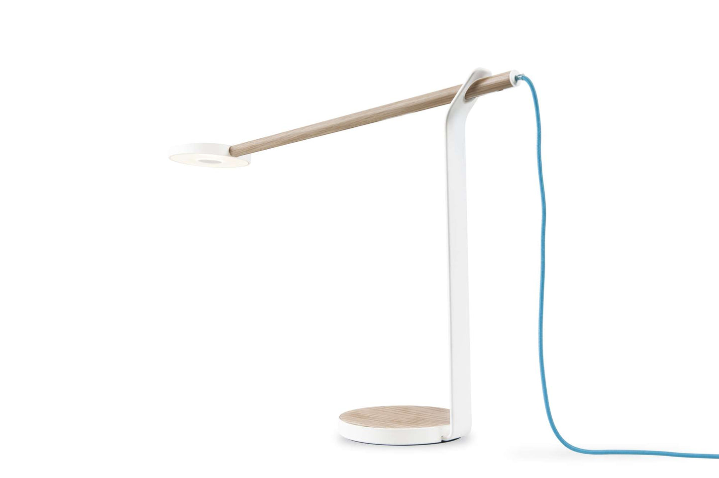 Gravy LED desk light by Kocept - White Oak/White with a blue cord