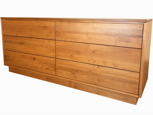 Muse LA Dresser with wood base, this dresser has solid wood sides, top, drawer fronts and boxes and recessed base, made in BC shown in maple