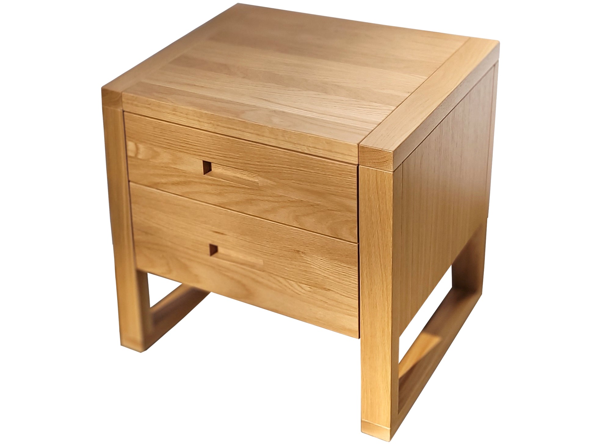 Tangent Two Drawer nightstand in Rift Cut White Oak - top view