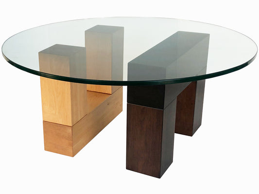 Tangent Round Coffee Table with glass top, part of our built to order in-house design furniture. Made in BC.