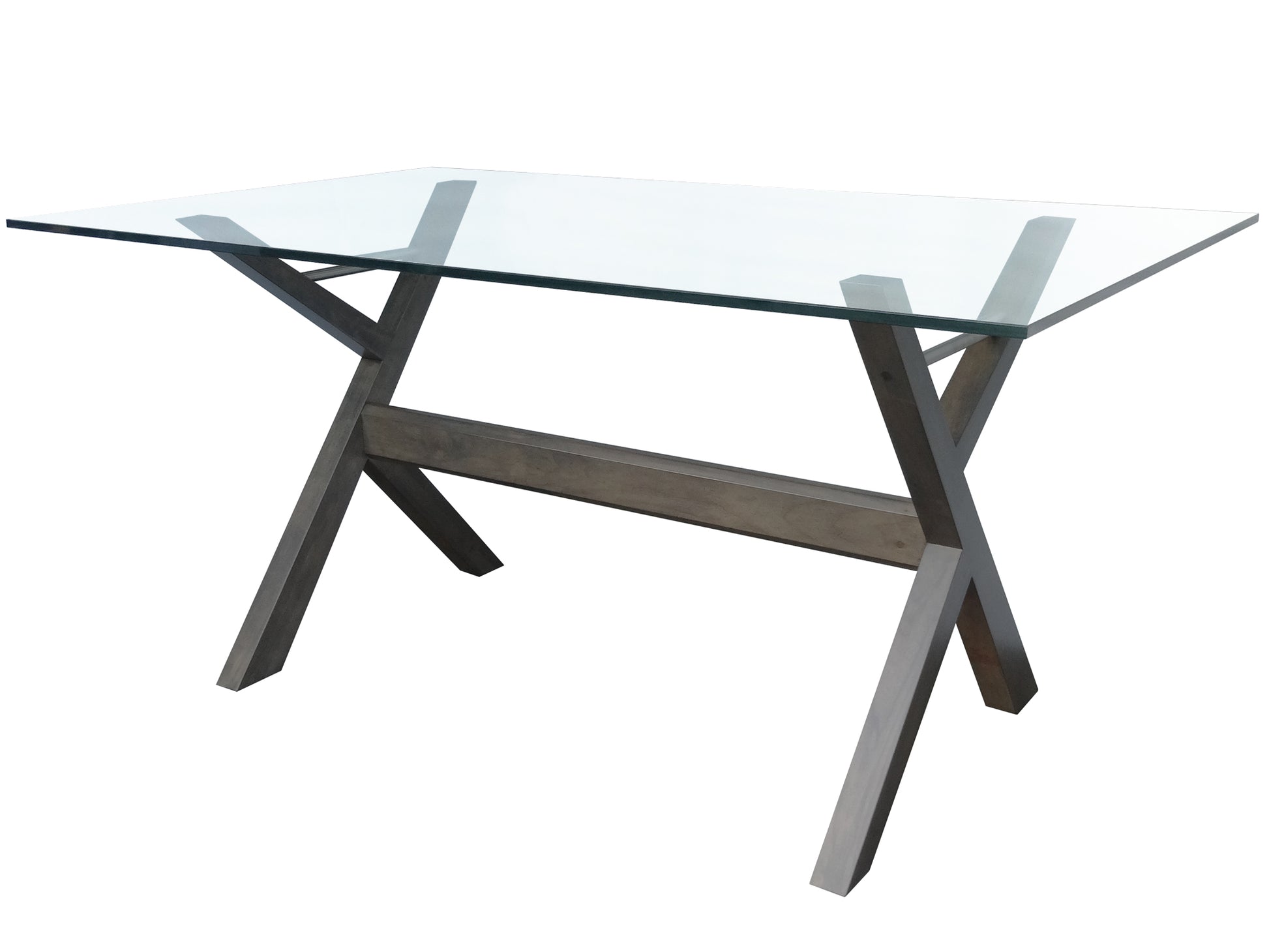 Barcelona Glass top table,Canadian made with a light organic style soliid wood base