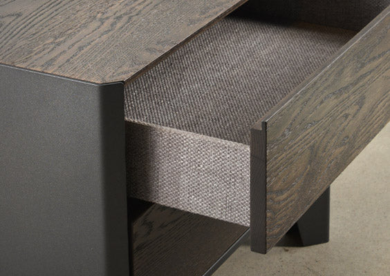 Mystere nightstand- solid oak & welded steel, made in Canada